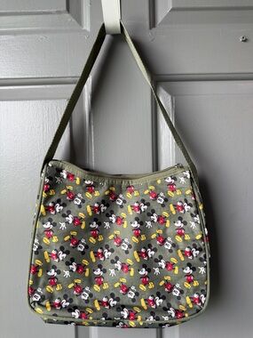 Disney Olive Green Mickey Print Shoulder Bag with Red and Yellow Accents